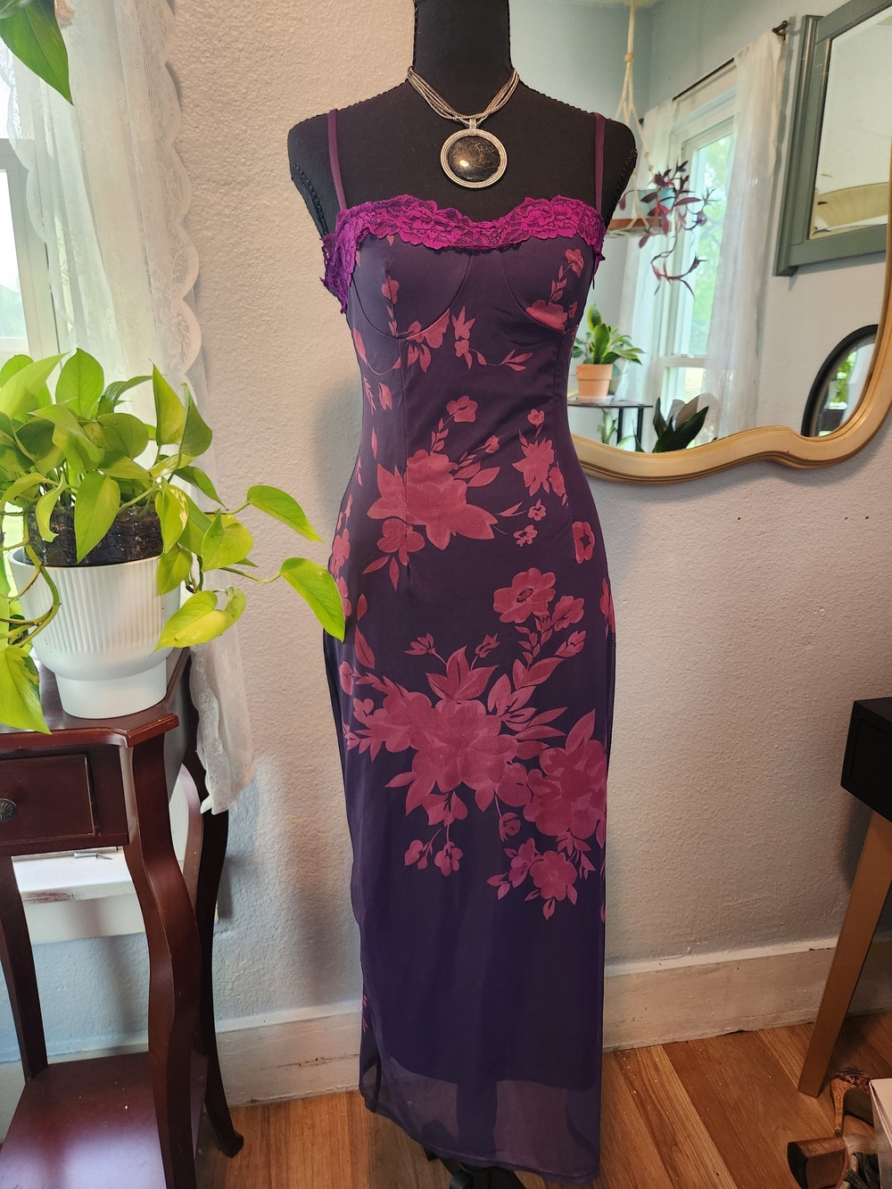 Micas Purple Floral Maxi Slip Dress with Lace Trim